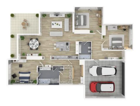 Floor plan of a house top view 3D illustration. Open concept living house layout Stock Illustration