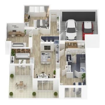 Floor plan of a house top view 3D illustration. Open concept living house layout Stock Illustration