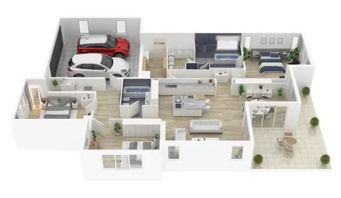 Floor plan of a house top view 3D illustration. Open concept living house layout Stock Illustration