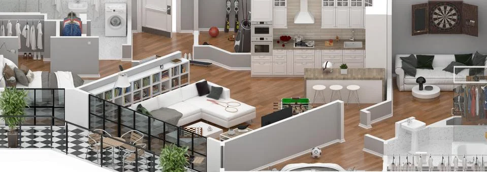 Floor plan of a house view 3D illustration. Open concept living apartment layout Stock Illustration