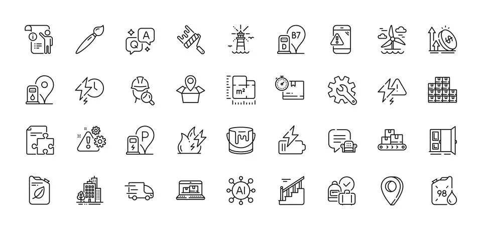 Floor plan, Lightning bolt and Warning message line icons pack. For web app Stock Illustration