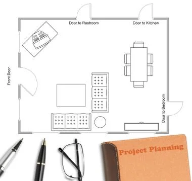 Floor plan with pen, eyeglasses &amp; notebook Stock Photos