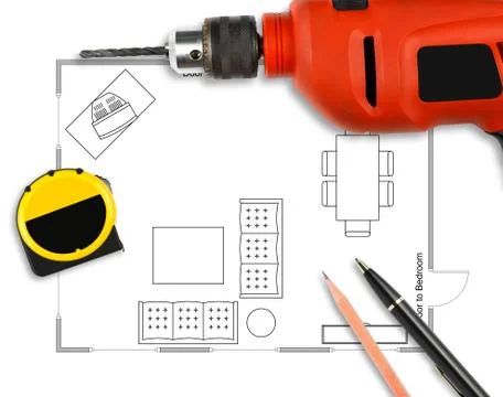Floor plan with pen, pencil, drill &amp; measuring tape Stock Photos