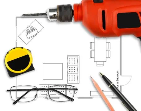 Floor plan with pen, pencil, drill, eyeglasses &amp; measuring tape Stock Photos