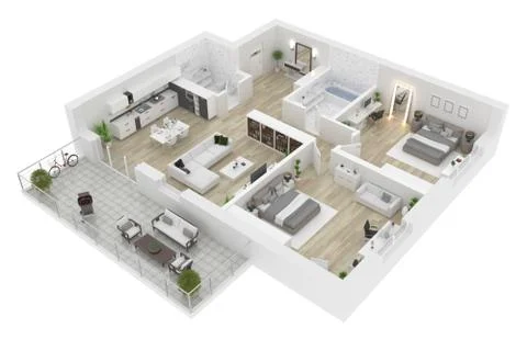Floor plan top view. Apartment interior isolated on white background. 3D render Stock Illustration
