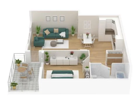 Floor plan top view. Apartment interior isolated on white background. 3D render Stock Illustration