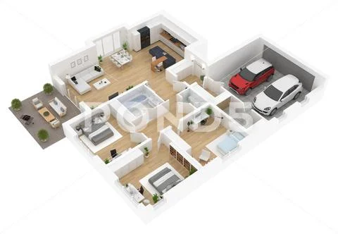 Floor plan top view. House interior isolated on white background. 3D render Stock Illustration