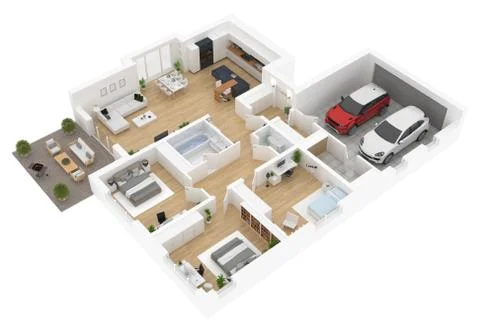 Floor plan top view. House interior isolated on white background. 3D render Stock Illustration