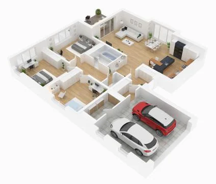 Floor plan top view. House interior isolated on white background. 3D render Stock Illustration