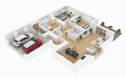 Floor plan top view. House interior isolated on white background. 3D render Stock Illustration