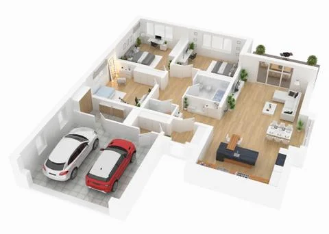 Floor plan top view. House interior isolated on white background. 3D render Stock Illustration