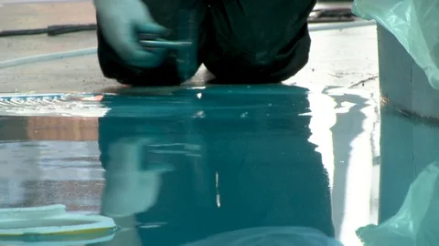 Floor surface painting with roller and epoxy resin paint 5 스톡 동영상 123725146