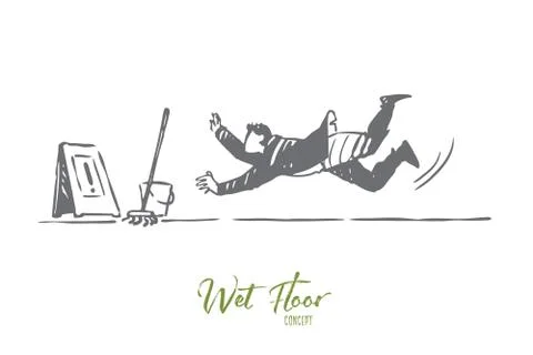 Floor, wet, caution, man, fall concept. Hand drawn isolated vector. Stock Illustration