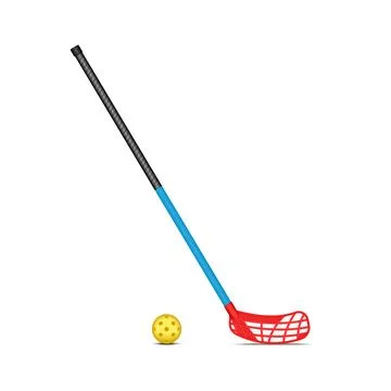 Floorball stick with red blade and yellow hollow plastic ball with holes is.. Stock Illustration