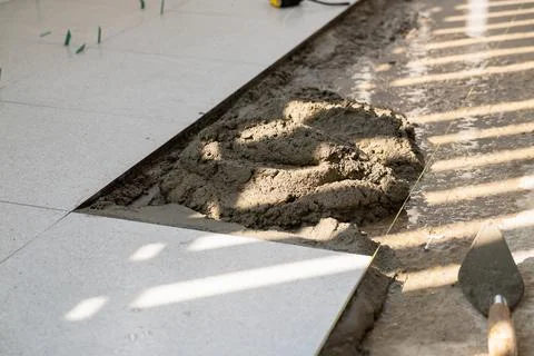 Flooring installation process construction site indoor close-up home improv.. Stock Photos