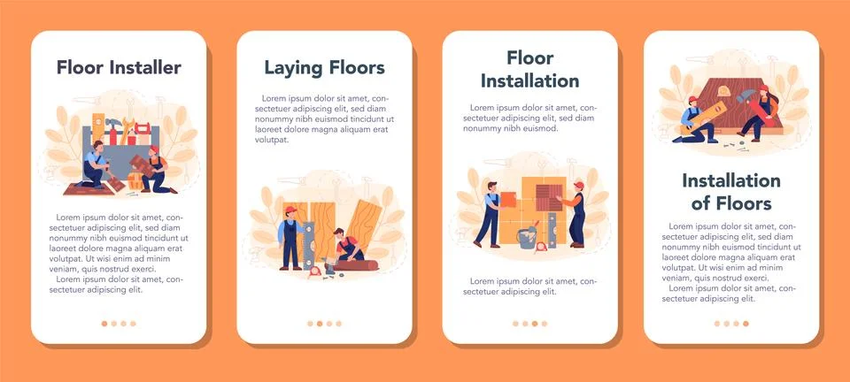 Flooring installer mobile application banner set. Professional parquet laying Ilustración de archivo