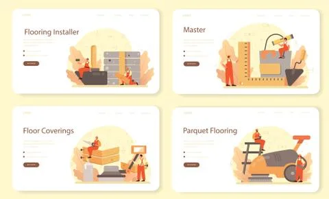 Flooring installer web banner or landing page set. Professional Stock Illustration