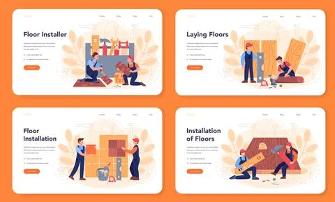Flooring installer web banner or landing page set. Professional parquet laying Stock Illustration