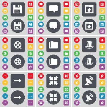 Floppy, Chat bubble, Window, Videotape, Folder, Silk hat, Arrow right, Deploying Stock Illustration