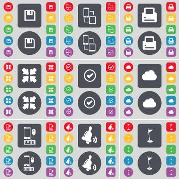 Floppy, Connection, Printer, Deploying screen, Tick, Cloud, Smartphone, Bell, Go イラスト素材