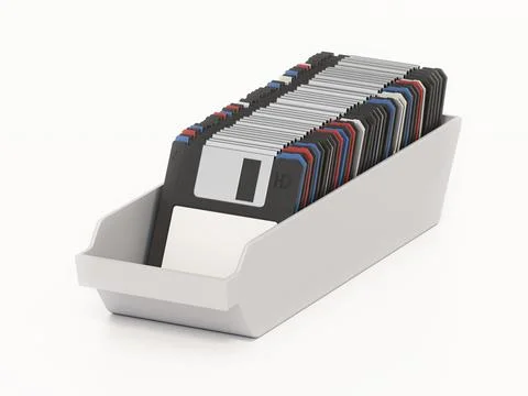 Floppy disk box with colorful 3.5 inch diskettes. 3D illustration 库存插图