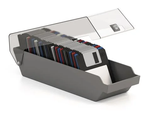 Floppy disk box with colorful 3.5 inch diskettes. 3D illustration Stockillustratie