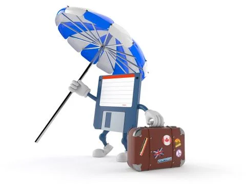 Floppy disk character with parasol and suitcase Stock Illustration