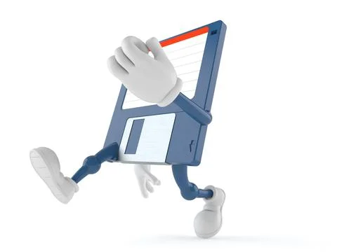 Floppy disk character running on white background Stock Illustration