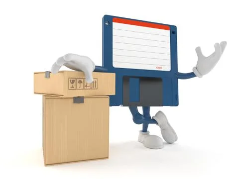 Floppy disk character with stack of boxes Illustrazione stock