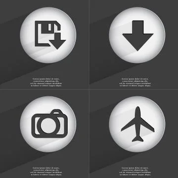Floppy disk download, Arrow directed down, Camera, Airplane icon sign. Set of bu Stock Illustration