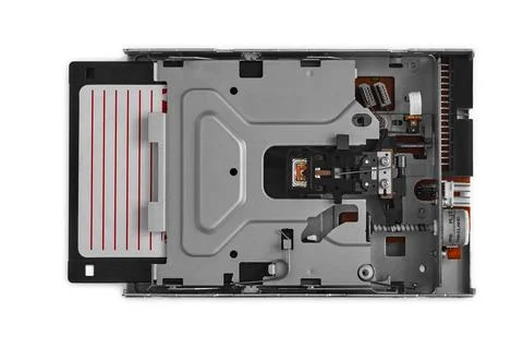 Floppy Disk Drive with Inserted Diskette Closeup Isolated on White Background Foto stock