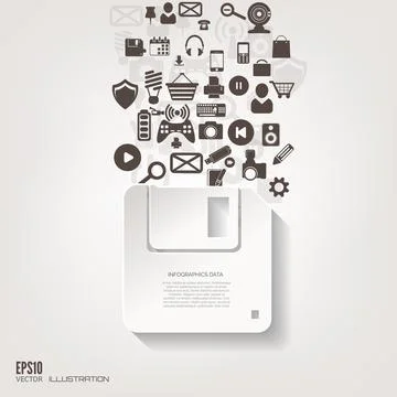 Floppy disk icon. Flat abstract background with web icons. Interface symbols Illustrazione stock