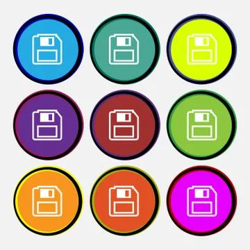 Floppy disk icon sign. Nine multi colored round buttons. Vector Stock Illustration