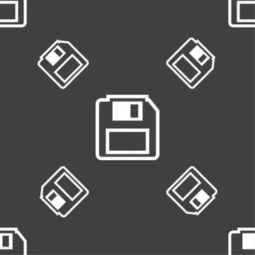 Floppy disk icon sign. Seamless pattern on a gray background. Stock Illustration