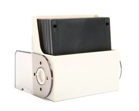 Floppy disk organizer case filled with diskettes, isolated Foto stock