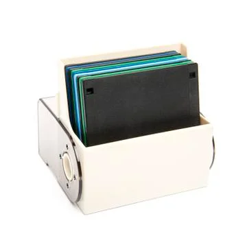 Floppy disk organizer case filled with diskettes, isolated Foto stock
