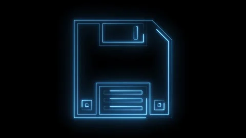 Floppy disk outline icon glows with neon blue light on black background Stock Footage 322977688
