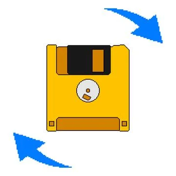 Floppy disk with rotating arrows in pixel art style Illustrazione stock