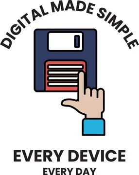 A floppy disk is shown with a hand pointing to it Illustrazione stock