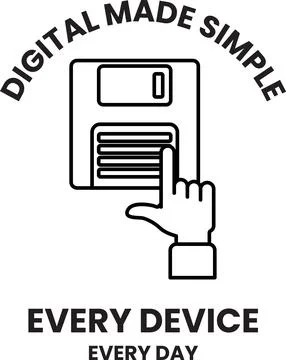 A floppy disk is shown with a hand pointing to it Illustrazione stock