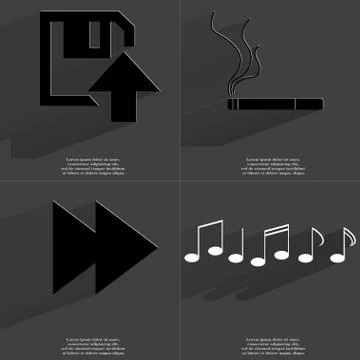 Floppy disk upload, Cigarette, Two arrows media icon, Notes. Symbols with long s Stock Illustration
