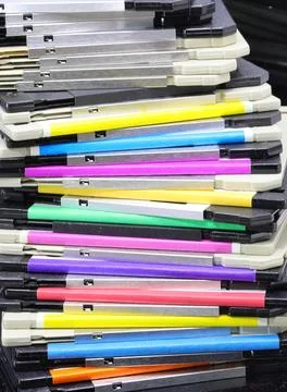 Floppy disks used to save computer data in the 90s Foto stock