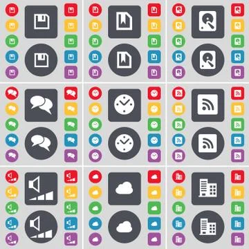 Floppy, File, Hard drive, Chat, Clock, RSS, Volume, Cloud, Building icon symbol. Ilustración de archivo