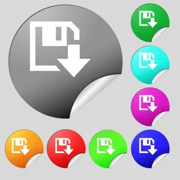 Floppy icon. Flat modern design. Set of eight multi colored round buttons, stick Stock Illustration