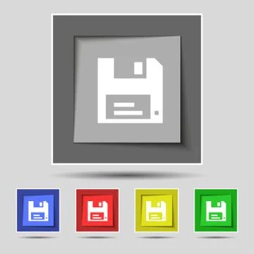 Floppy icon sign on the original five colored buttons. Vector Stock Illustration