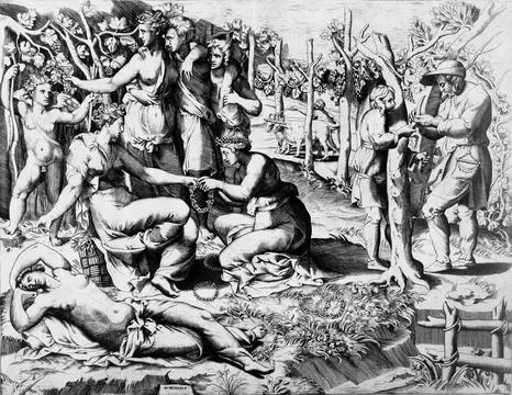 Flora and Her Nymphs. Giulio di Antonio Bonasone (Italy, Bologna, circa 149.. Stock Illustration