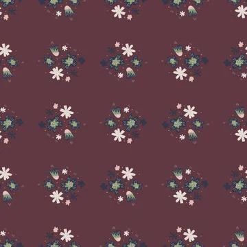 Flora seamless doodle pattern with simple flowers ornament on pale purple bac Illustrazione stock