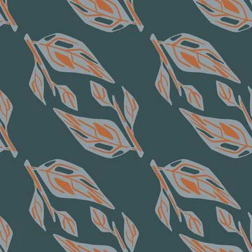 Flora seamless pattern with botanical grey and orange leaf branches. Navy blu 스톡 일러스트