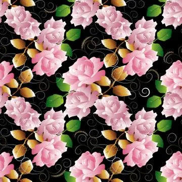 Floral 3d roses seamless pattern. Vector black background wallpaper Illustrazione stock