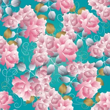 Floral 3d roses seamless pattern. Vector blue background. Roses 스톡 일러스트